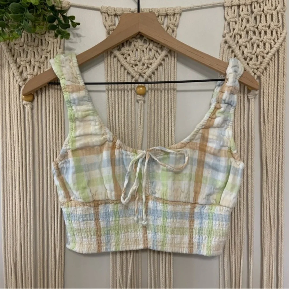 AMERICAN EAGLE Cotton Linen Plaid Smock And Roll‎ Tie Front Smocked Top Medium - Picture 4 of 10